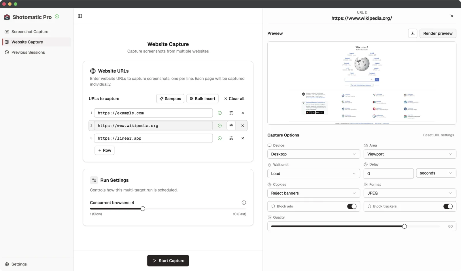 Shotomatic Website Capture with a selected URL showing preview and capture options in the side panel