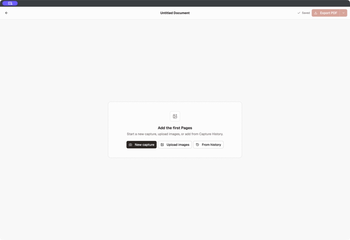Empty Shotomatic Document editor with New capture, Upload images, and From history buttons