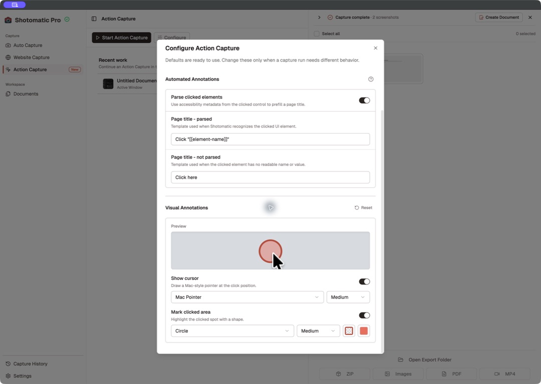 Shotomatic Action Capture visual annotation settings with cursor and click marker preview