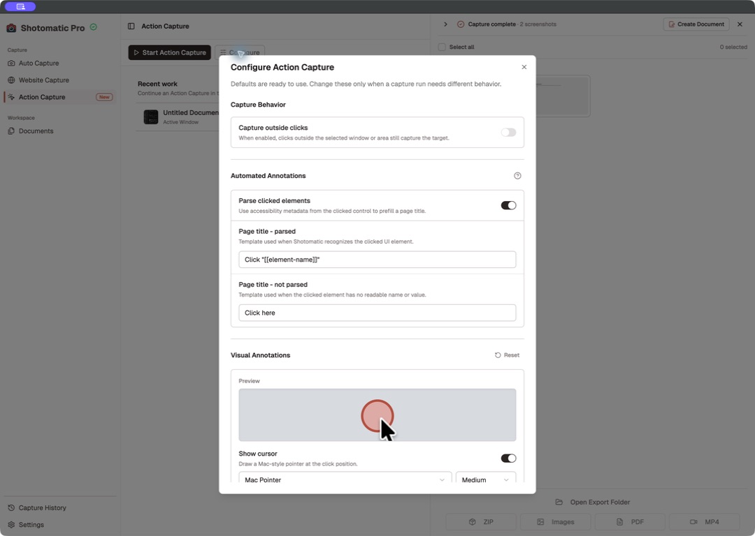Configure Action Capture dialog showing capture behavior and automatic page-title settings