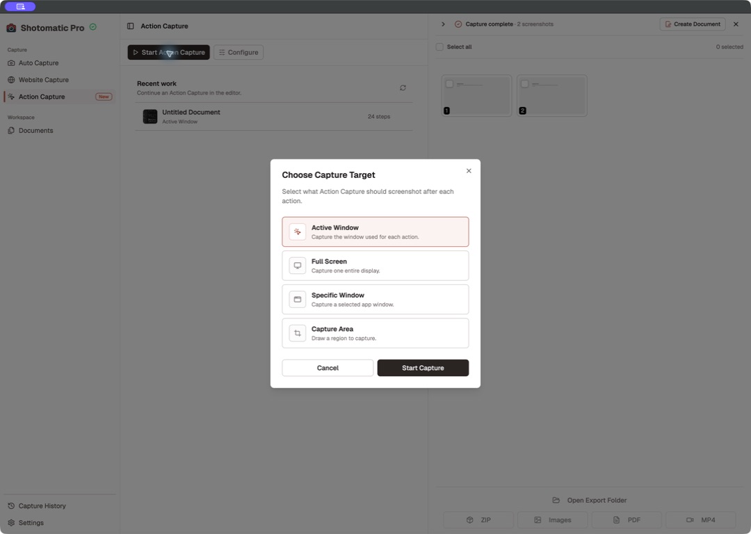 Shotomatic Choose Capture Target dialog with Active Window, Full Screen, Specific Window, and Capture Area
