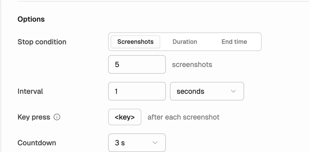 終了条件、撮影間隔、キー操作、カウントダウンを設定するShotomaticの自動キャプチャ画面