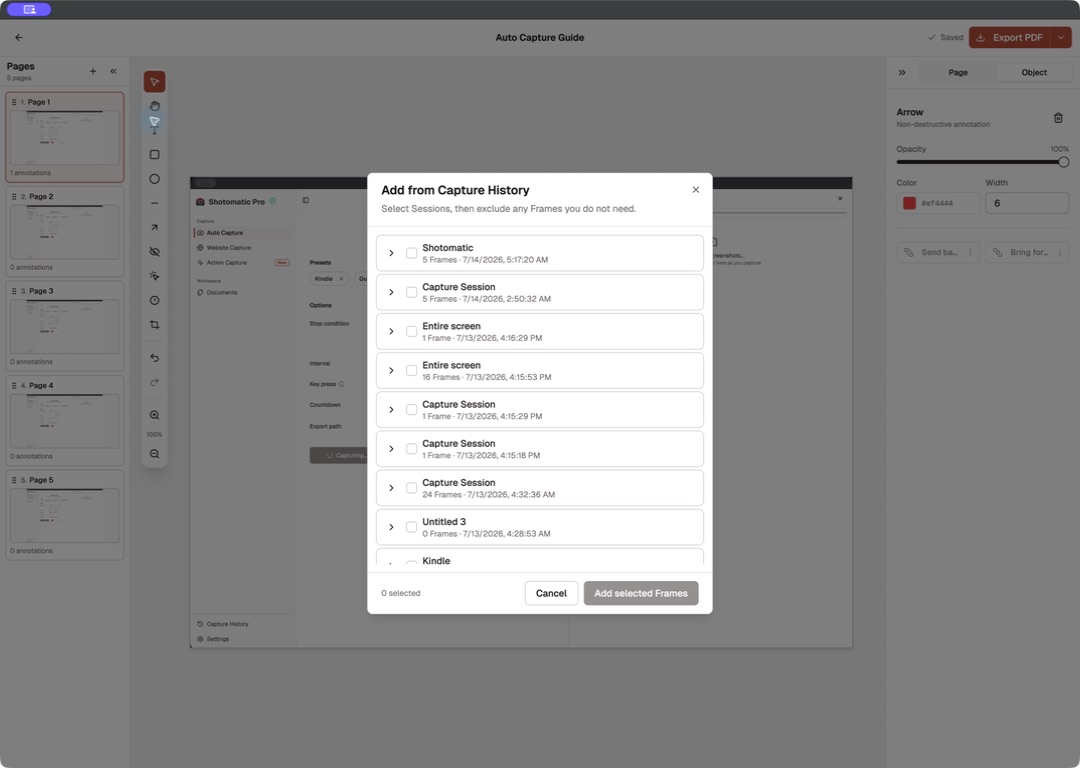 Shotomatic Add from Capture History dialog listing sessions that can be expanded and selected