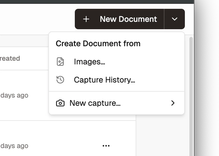 画像、キャプチャ履歴、新しいキャプチャから選べるShotomaticの新規ドキュメントメニュー