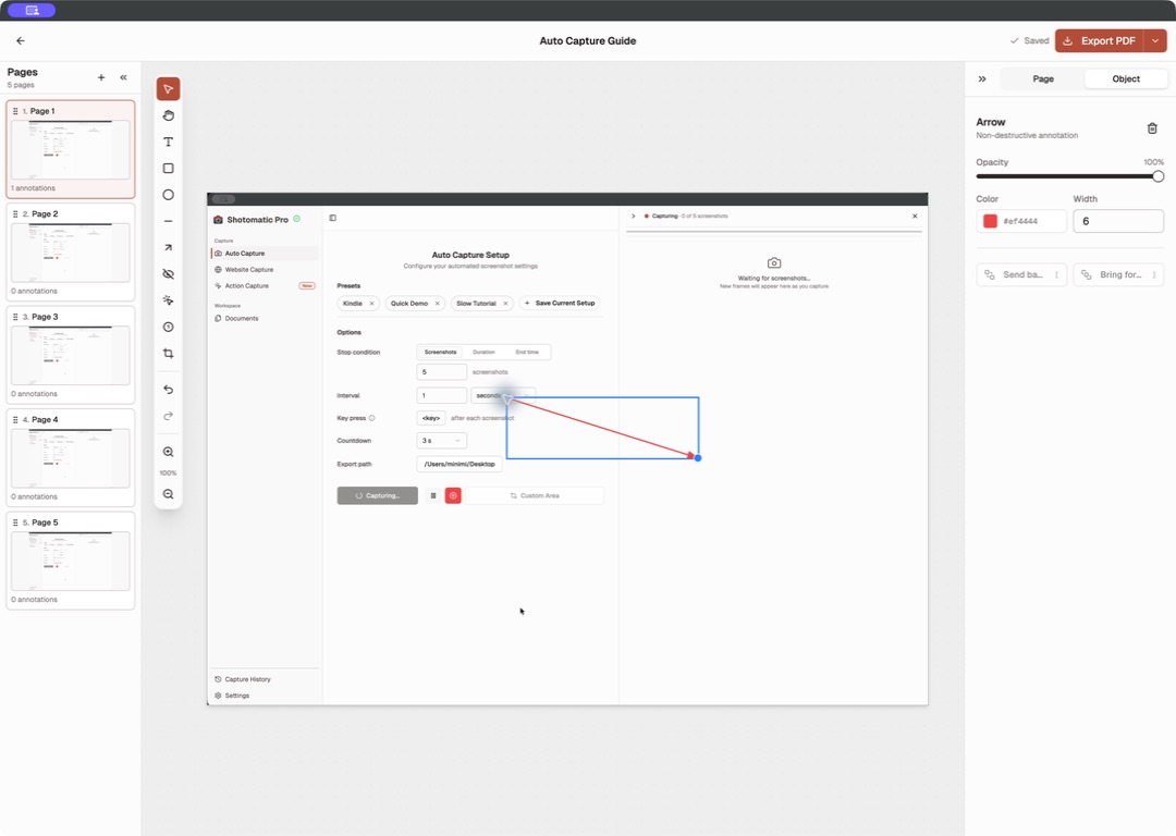 Shotomatic Document Editor with five Pages, canvas tools, a selected arrow, and the Object Inspector