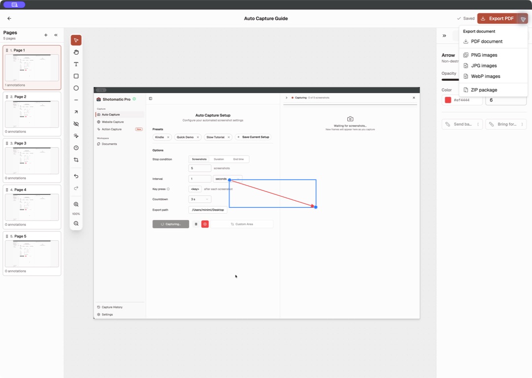 Shotomatic Document Editor menu with PDF, PNG, JPG, WebP, and ZIP export formats