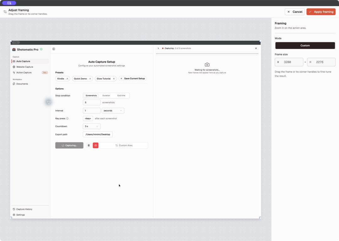 Shotomatic Adjust framing screen with a custom frame and width and height controls
