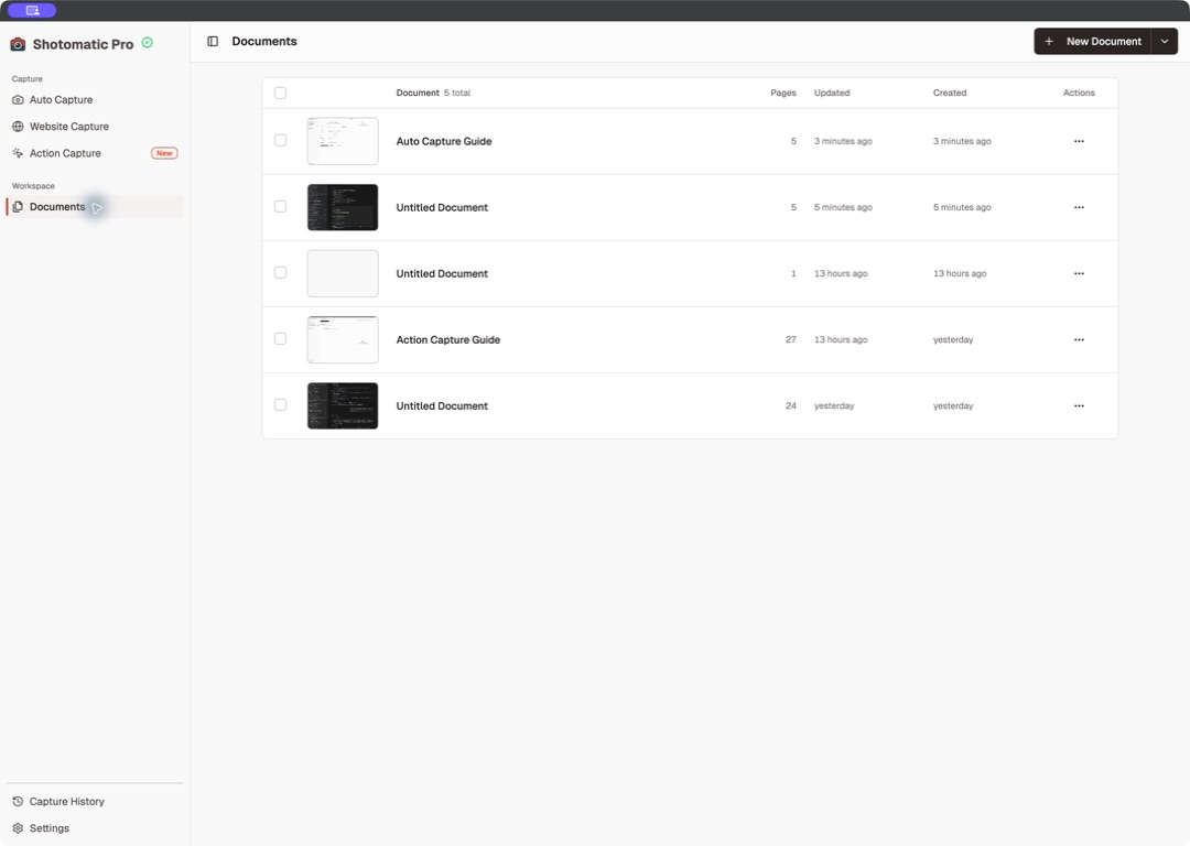 Shotomatic Documents library with several editable guides and page counts