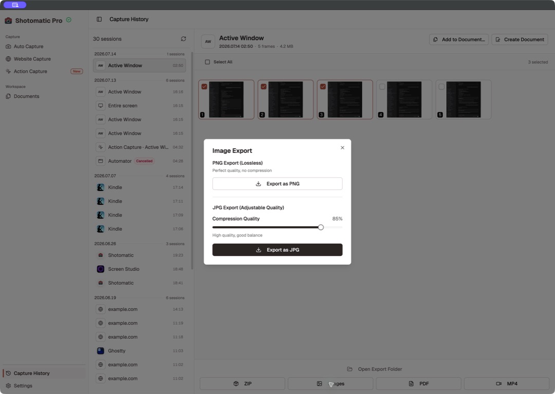 Shotomatic Image Export dialog with PNG and adjustable-quality JPG options
