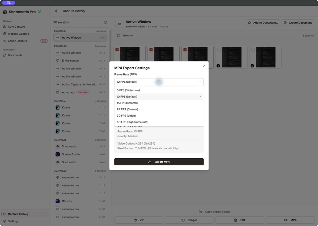Shotomatic MP4 Export Settings with frame-rate choices from 5 to 60 FPS