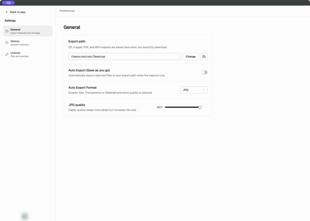 Shotomatic General settings with export path, Auto Export format, and JPG quality