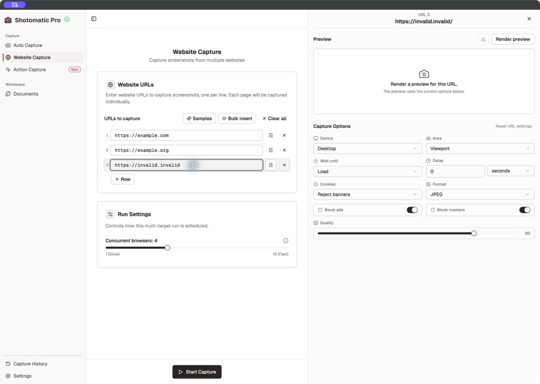 Shotomatic Website Capture with three URL rows, per-URL options, and concurrent browser settings
