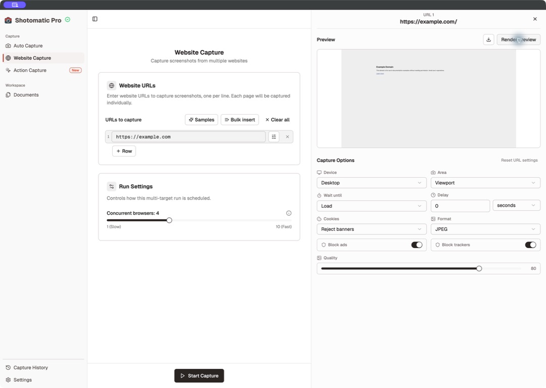 Shotomatic Website Capture options with a rendered example.com preview