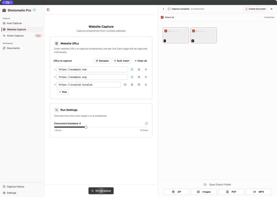Shotomatic Website Capture result with two completed URLs and one failed URL ready to retry