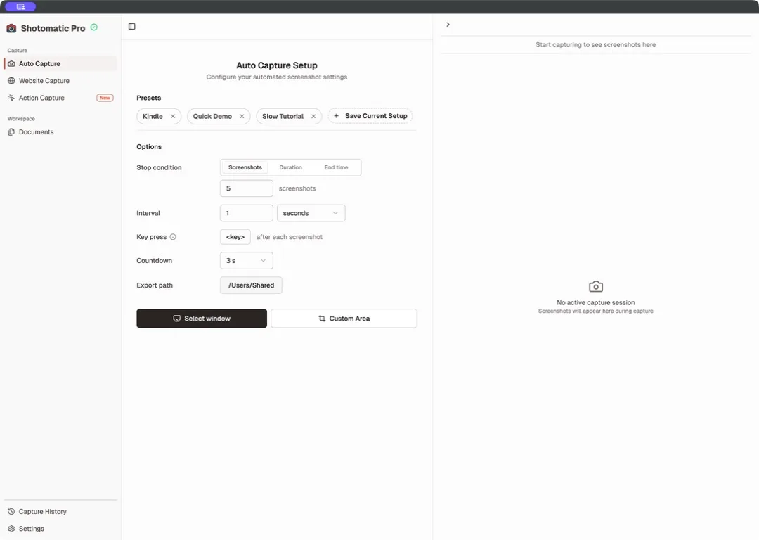Shotomatic Auto Capture configured for five screenshots at a one-second interval