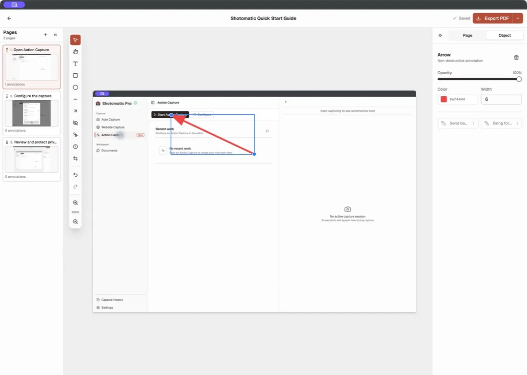 Shotomatic Documents editor with an arrow annotation and the Object inspector