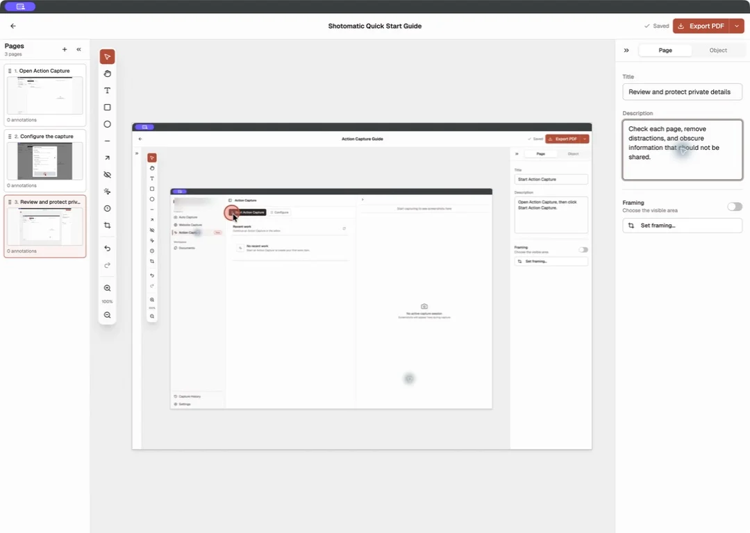 Shotomatic Documents editor with three ordered screenshot pages and page text fields