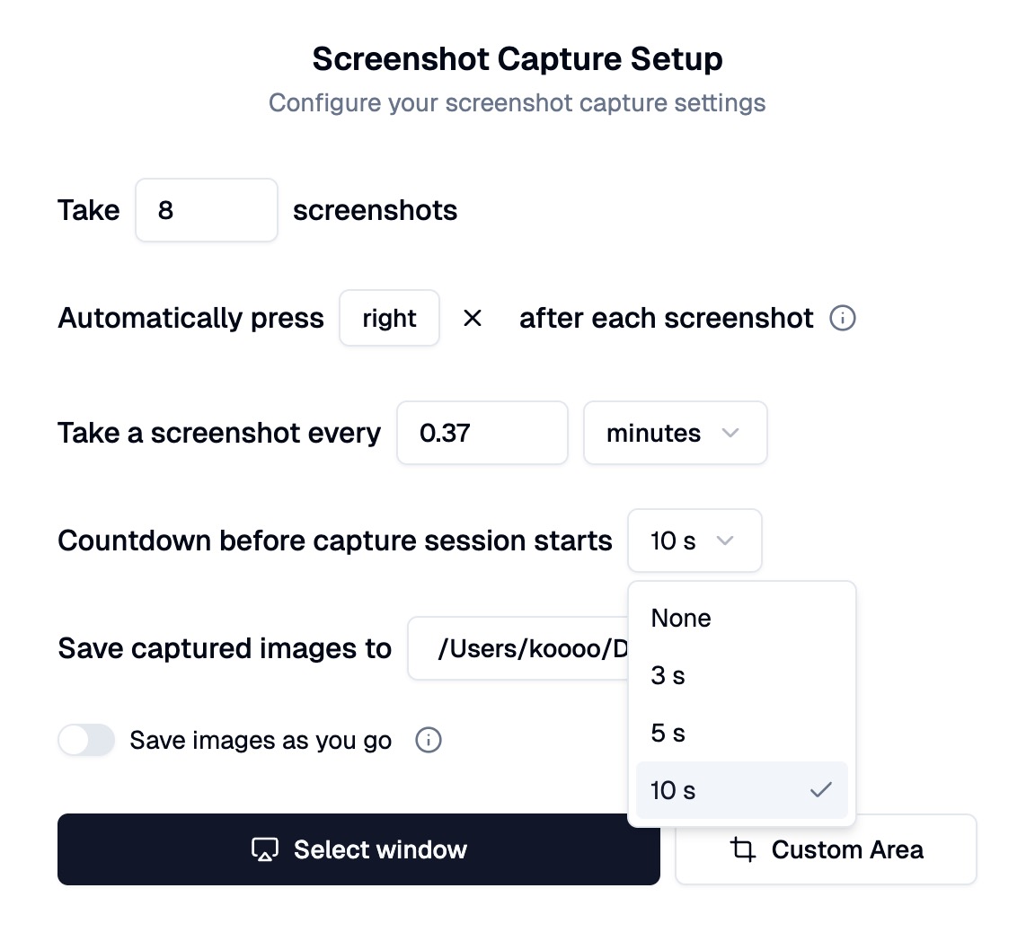 Countdown timer options for capture sessions
