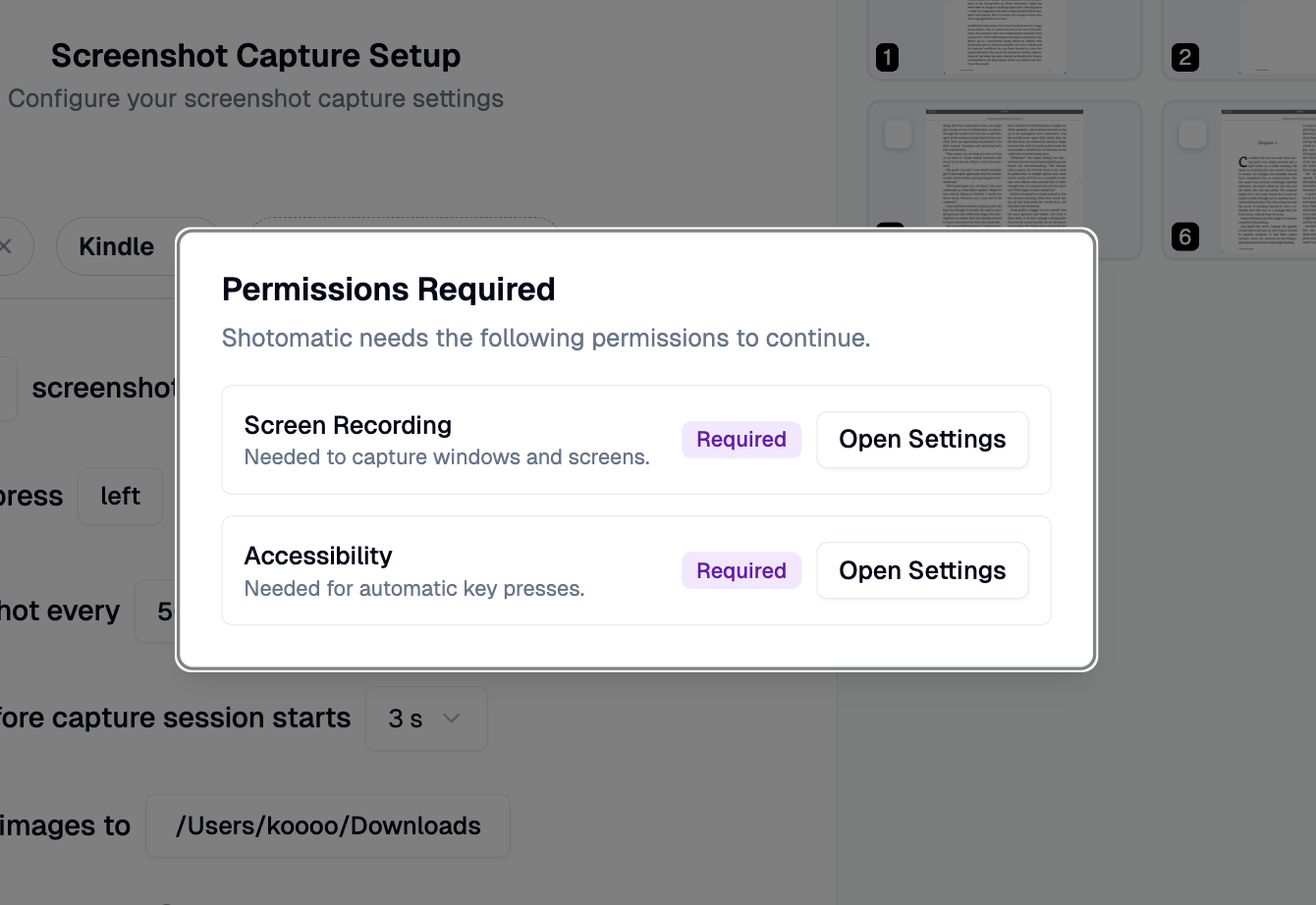 Permissions Required dialog listing Screen Recording and Accessibility with Open Settings buttons